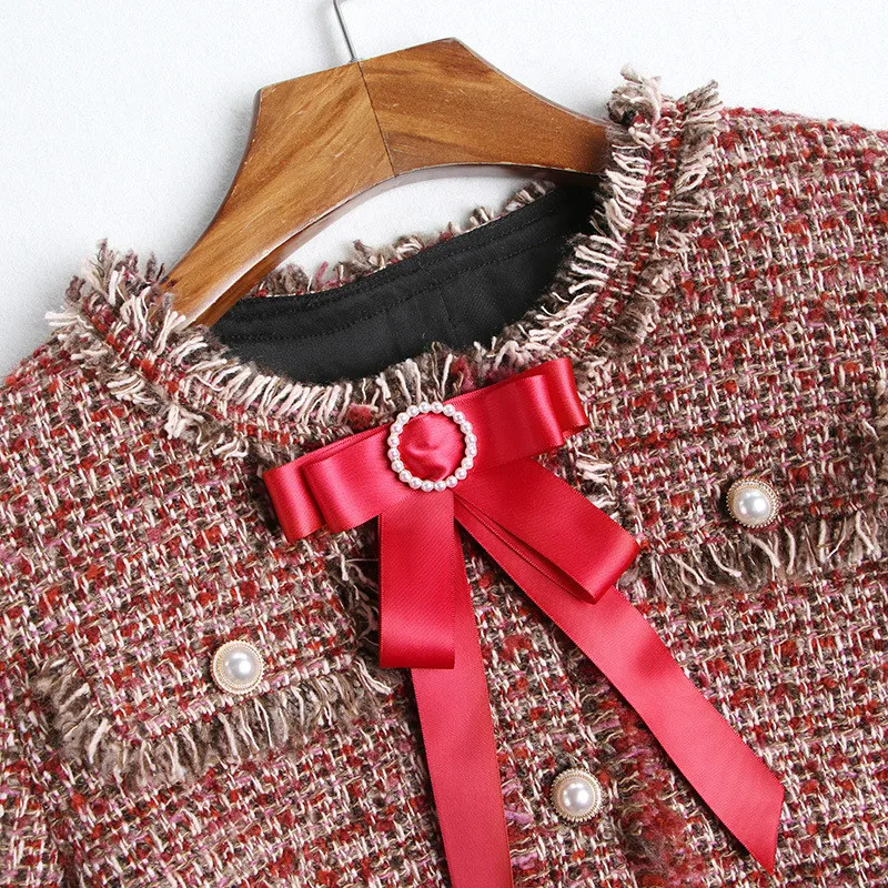 

Top Brand Fashion Runway Skirt 2Piece Set Women 2019 Autumn Winter Bowknot Tassel Tweed Woolen Jacket and Skirt Suit Set