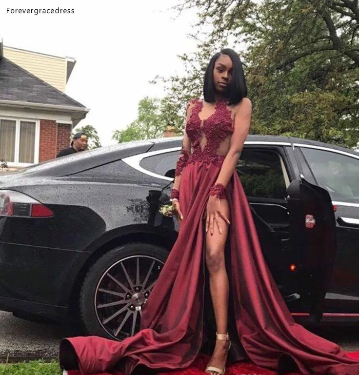2019 темно красное платье для выпускного вечера черное девушек с высоким разрезом