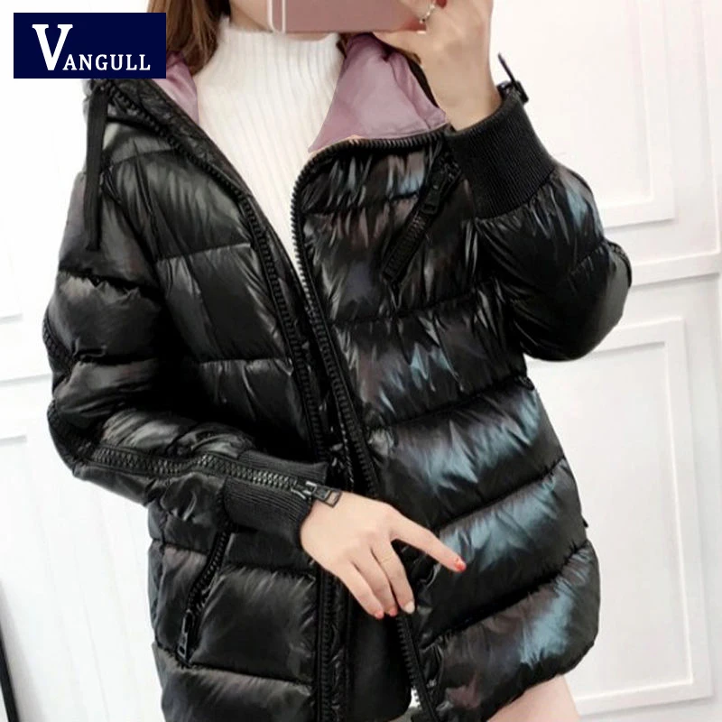 Женская Блестящая куртка Vangull осенне-зимняя повседневная с капюшоном и длинным
