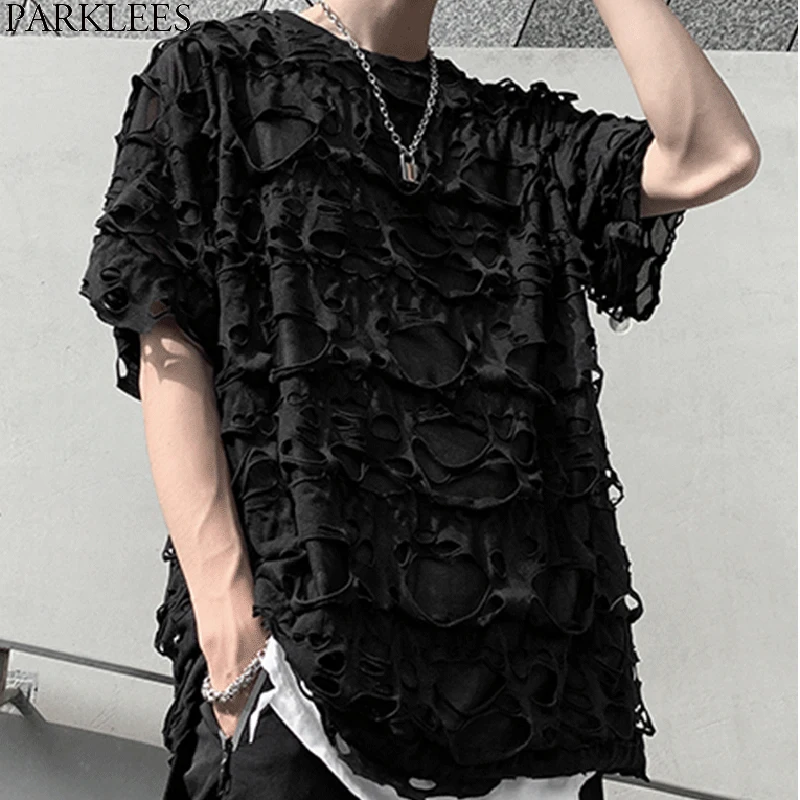 Футболка мужская с рваными отверстиями свободная повседневная прозрачная