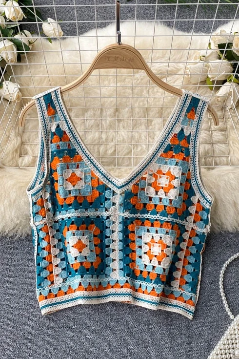 

Crocheted Hollow Knitted Camisole Women's Fashionable Outdoor Vacation Short Crop Top Female Summer Slim Tank Top