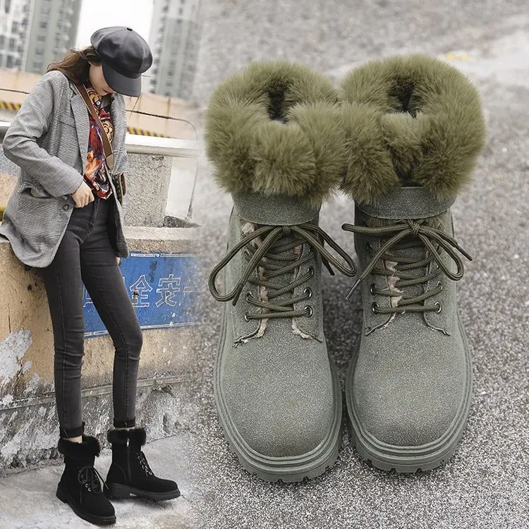 

Зимние ботинки с мехом, австралийские ботинки с круглым носком на плоской подошве, женские плюшевые ботильоны на шнуровке, на низком каблук...