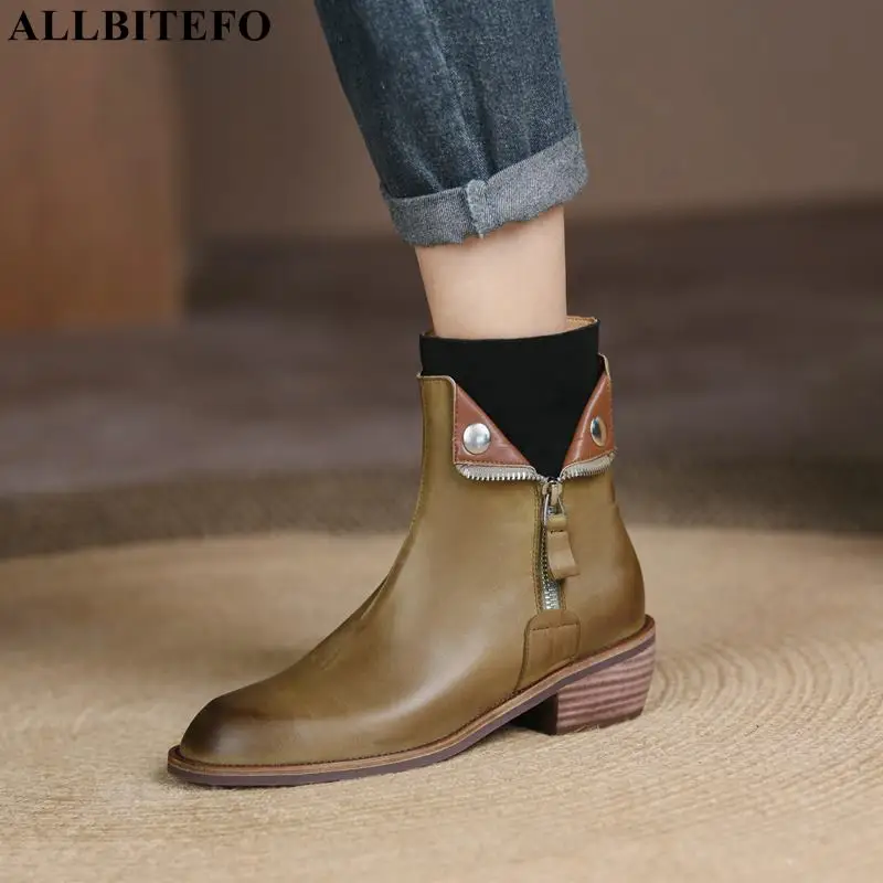 

ALLBITEFO Size 34-41 Collar Design Fashion Thick Heel Soft Genuine Leather Women Boots Shoes Autumn Winter Shoes Ankle Boots