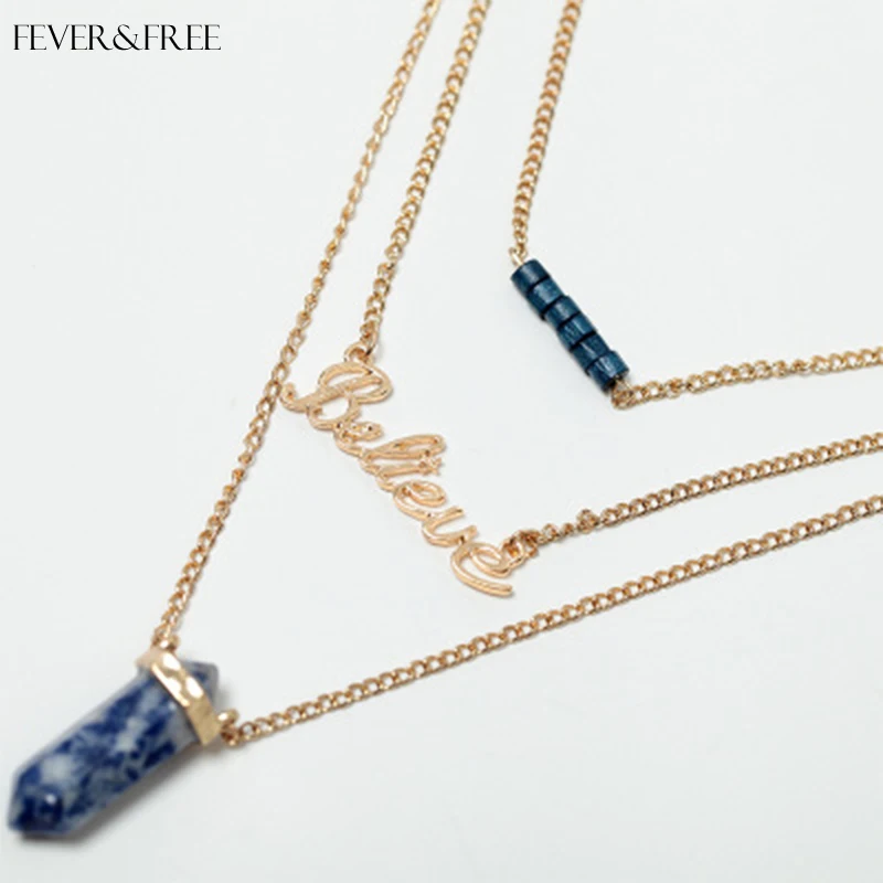 

Women Fashion Natural Stone Pendant Necklace Multi Layer Alloy Gold Color Letter Necklace Collar Jewelry Gift Drop Shipping