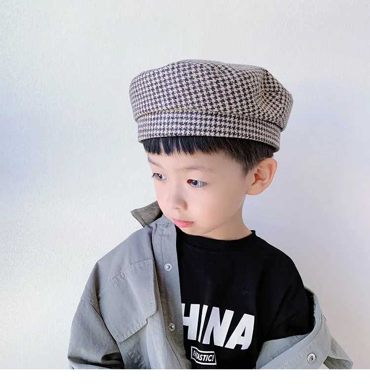 Designer Plaid Beret Hat for Kids Boys Brimless Artist Cap Baby Girls Autumn Flap Top French Hair Berat for 3-7 years old