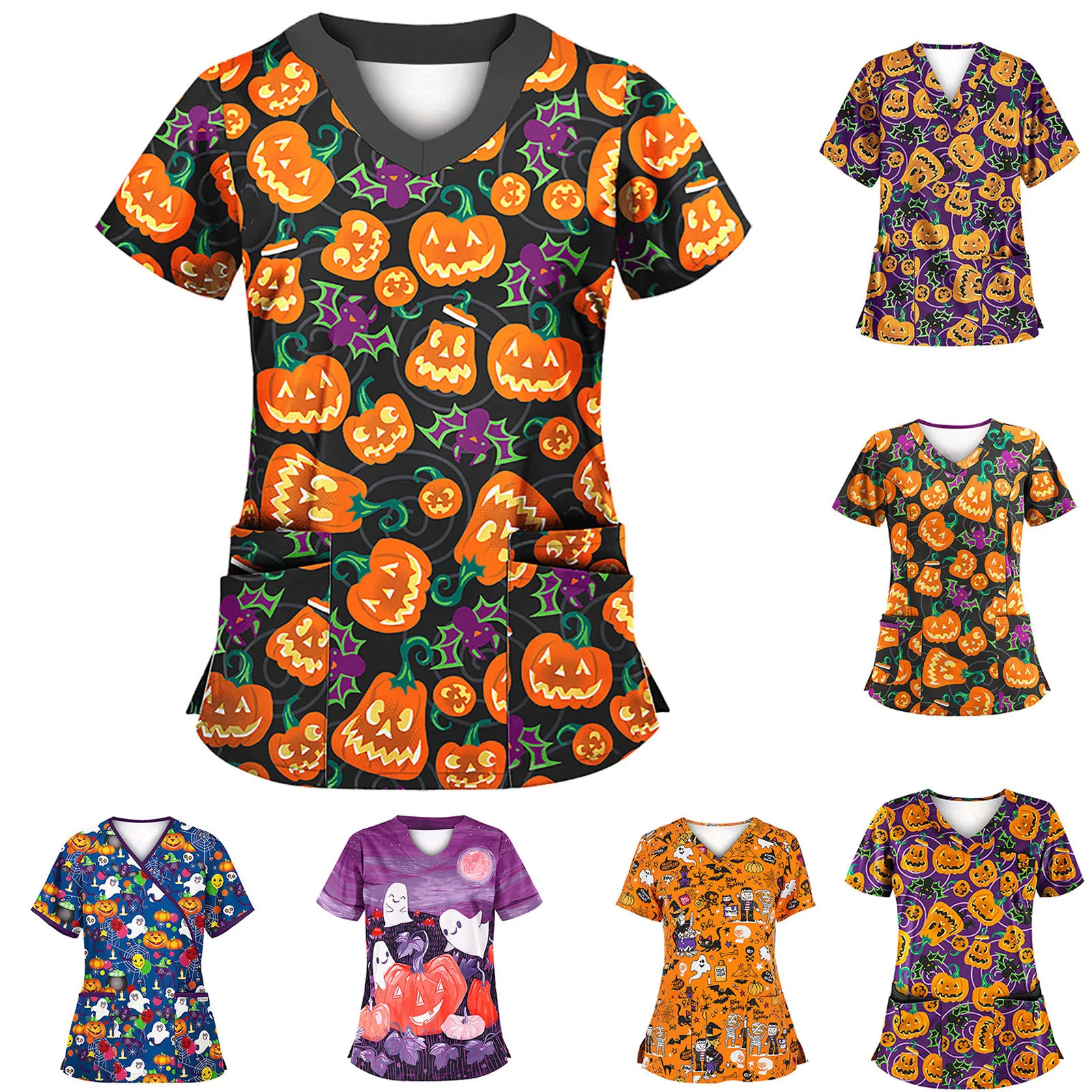 

Halloween Women Scrubs Uniform Kawaii Pumpkins Print Medical Nurses With Pocket Short Sleeve V-neck Tops Working Uniform Blouse