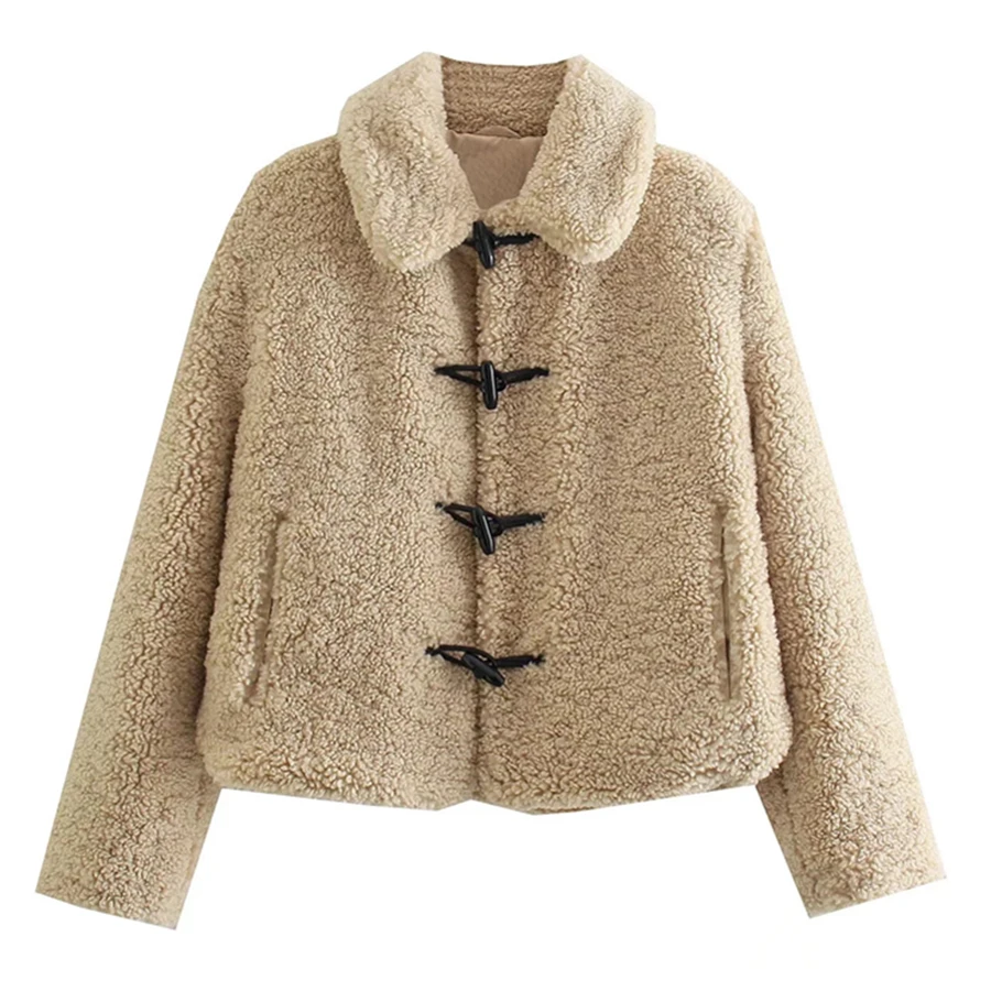 

Withered Ins Fashion Blogger Winter Coat Women England Style High Street Horn Buckle Vintage Fleece Short Coat Women Jacket Tops