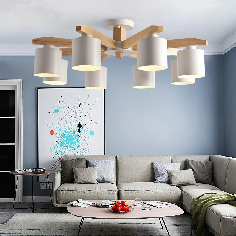 Светодиодный ная люстра E27 для гостиной Деревянный светильник с абажуром