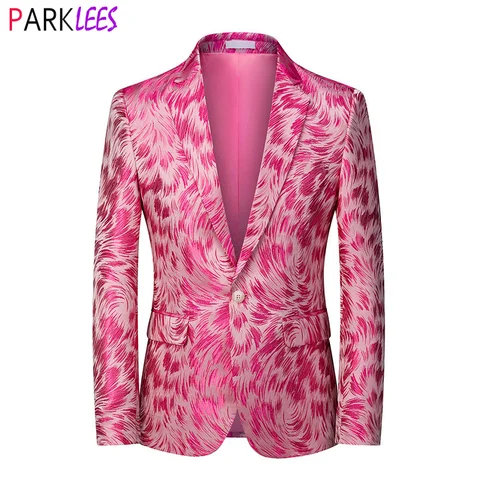 Стильный розовый блейзер с рисунком перьев, мужской пиджак на одной пуговице, пиковый пиджак с отворотом, мужской свадебный блейзер для жен...