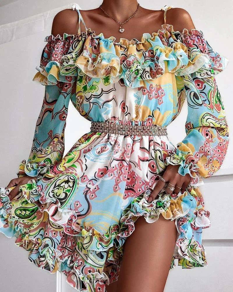 

Fashion Cold Shoulder Ruffles Frill Hem Graphic Print Long Sleeve Fairy Flower Sundress Summer Women's Dress Femme Robe Longue