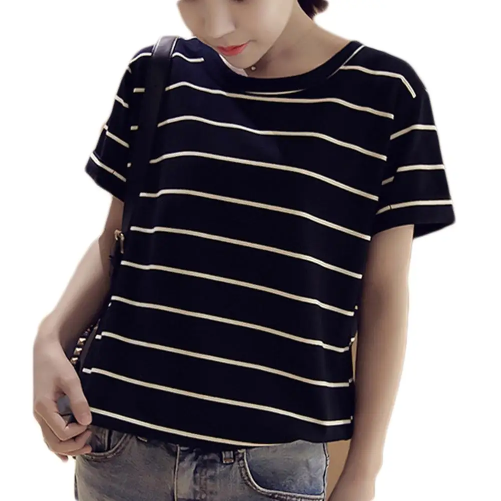 Модная Летняя женская Свободная полосатая Повседневная футболка с круглым