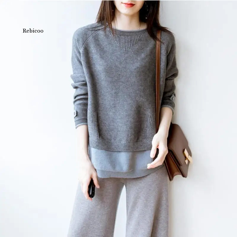 

Autumn and Winter New Cashmere Sweater Female Loose Round Neck Casual Stitching Wool Outside Wearing Sweater Knit Short Pullover