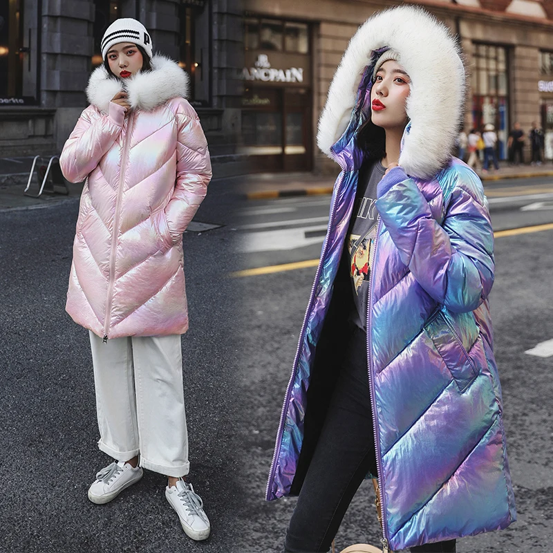 2019 Новый пуховик женский длинный выше колена глянцевый модный свободный большой