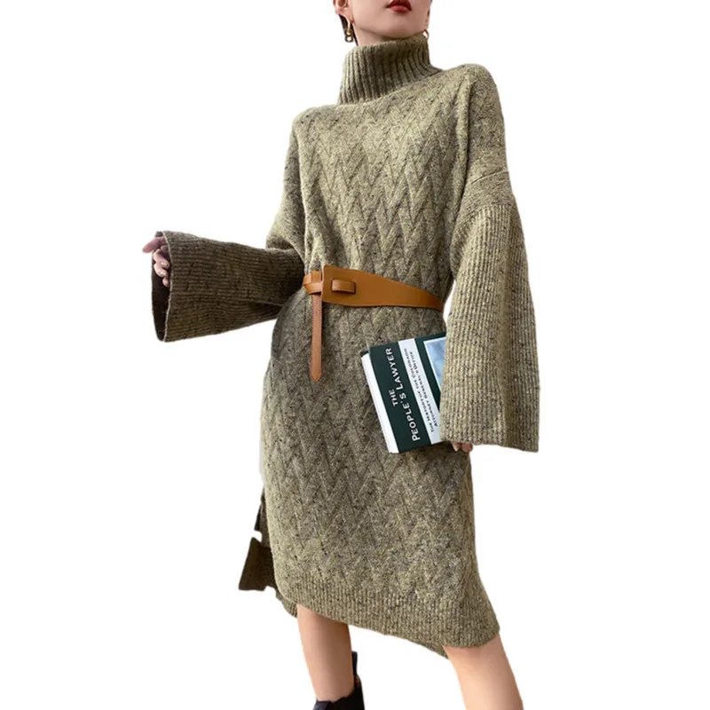 

LANMREM 2021 early spring turtleneck long-sleeved knee-length loose all-match fashion streetwear knitted dress for women 2A3151