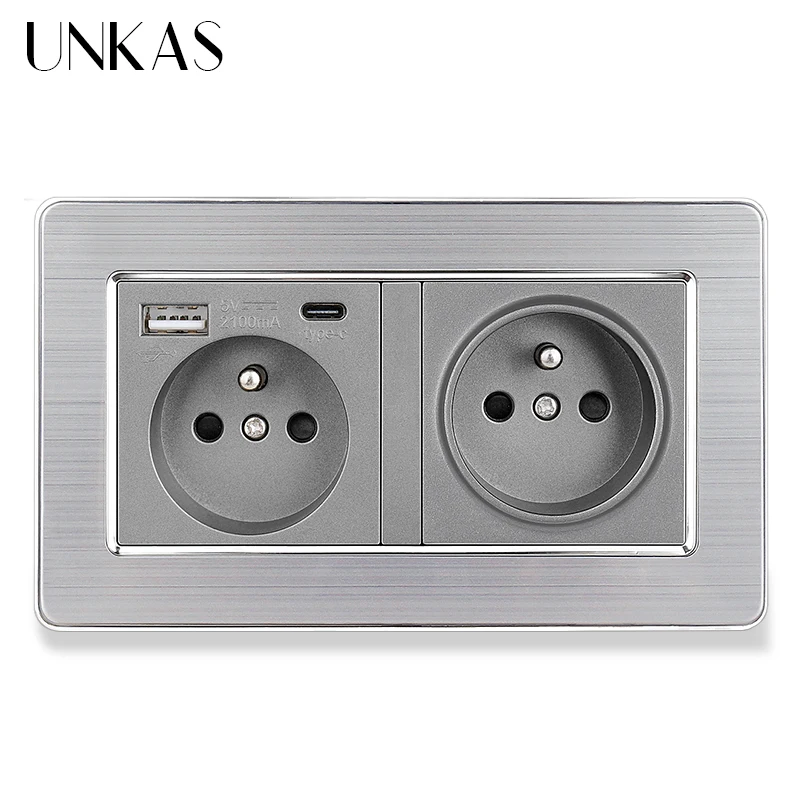 Французская розетка UNKAS с USB-портом типа C серого цвета + ТВ RJ11 телефонный разъем RJ45