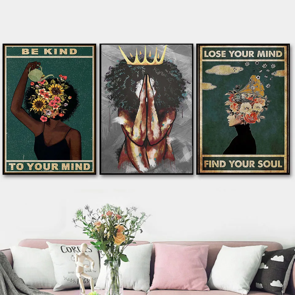 

Abstract Black Girl Mental Health Poster Be Kind To Your Mind Positive Art Prints Woman Vintage Canvas Painting Home Decor