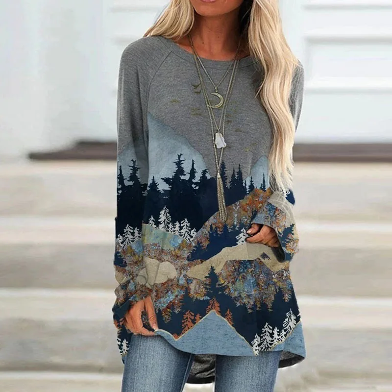 

Landscape Print Loose Women T Shirt Long Sleeve O-Neck Casual Tops Ladies Pullover T-Shirt Daily Female Tees Roupas Femininas