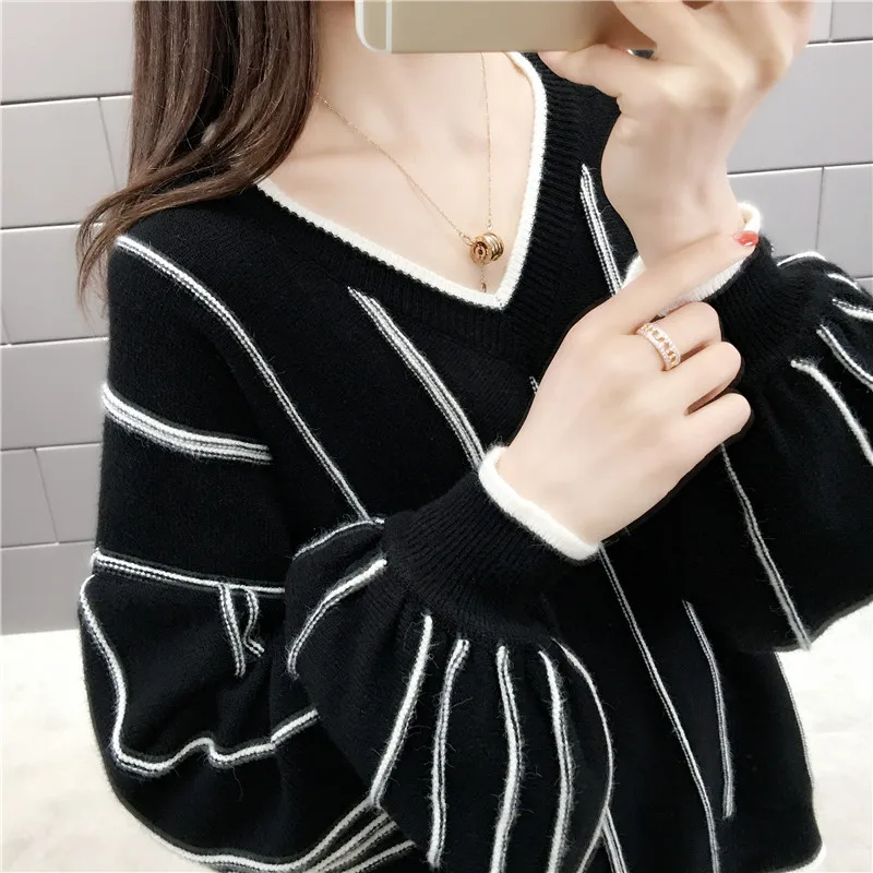 

JMPRS Autumn Winter 2021 New Knitted Sweater Women Loose Wild Fashion V Neck Striped Pullover Patch Pull Femme Lady Tops