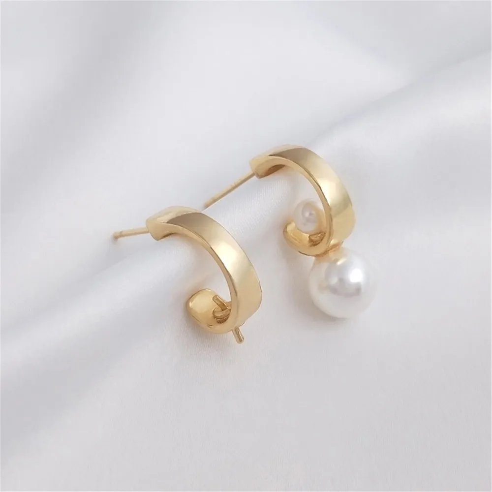 

925 silver needle pearl half hole bead holder C-shaped fashion earrings 14K gold wrapped simple luxury DIY earrings accessories