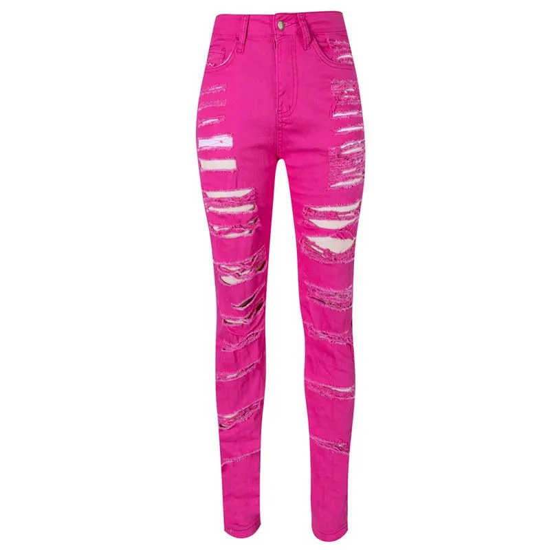 Ripped Jeans For Women Denim Red Green Pants Stretch High Waist Skinny Boyfriend Jeans Torn Jeggings Plus Size Mom jeans Buttons