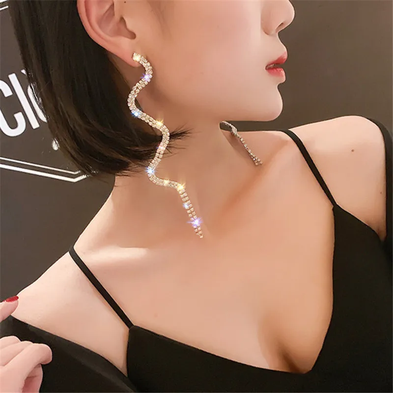 Long Tassel Crystal Drop Earring For Women Shiny Gold Silver Color S Shape Rhinestone Dangle Wedding Party Jewelry | Украшения и