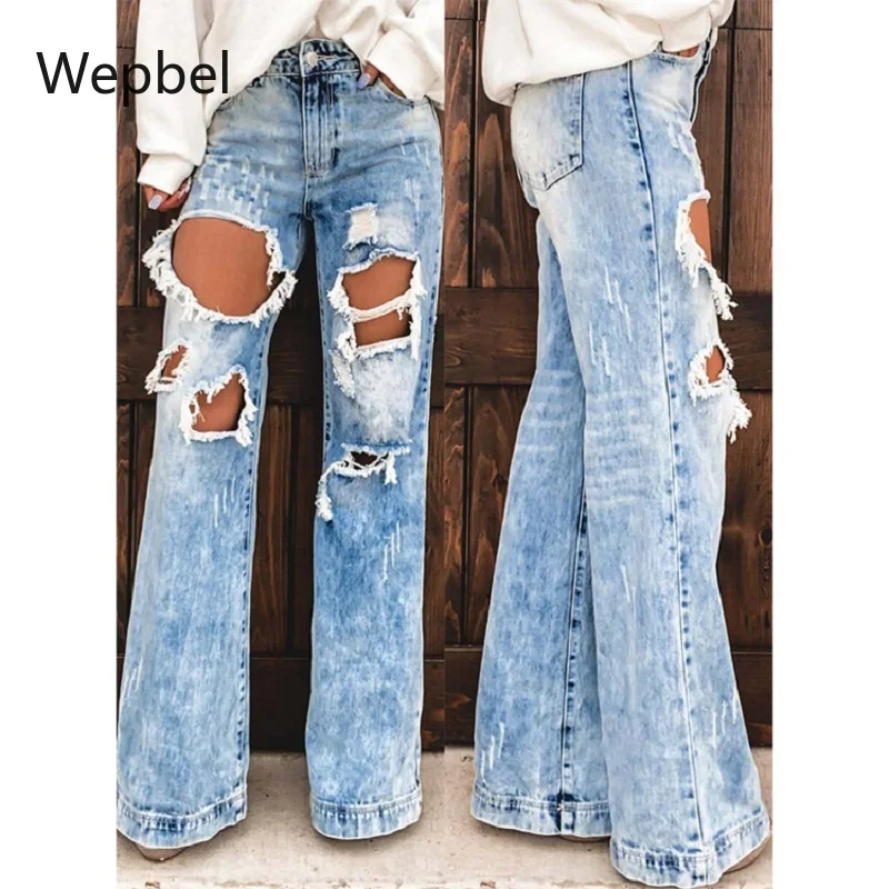 

WEPBEL Women's Jeans with Holes Ripped High Wasit Jeans Trousers Plus Size Summer Fashion Female Denim Wide Leg Pants