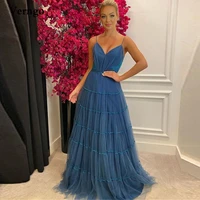 verngo dusty blue a line tulle long prom dresses 2021 spaghetti straps sexy lace applique floor length evening gowns plus size
