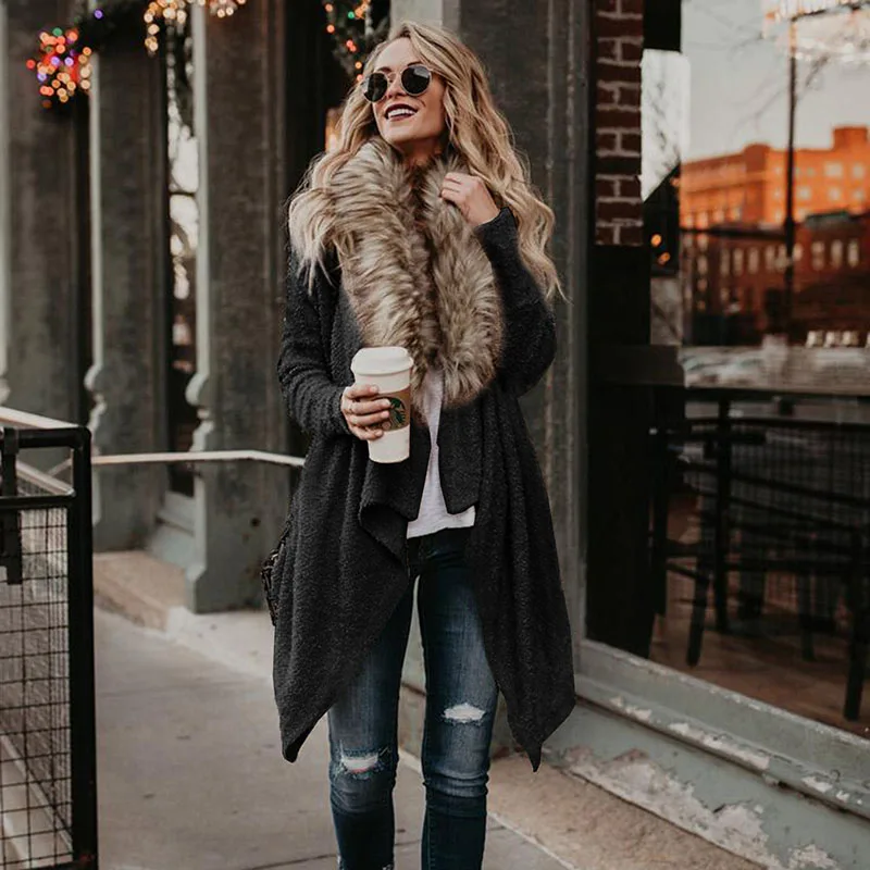 Весна и осень большой меховой воротник кардиган с плюшевой подкладкой