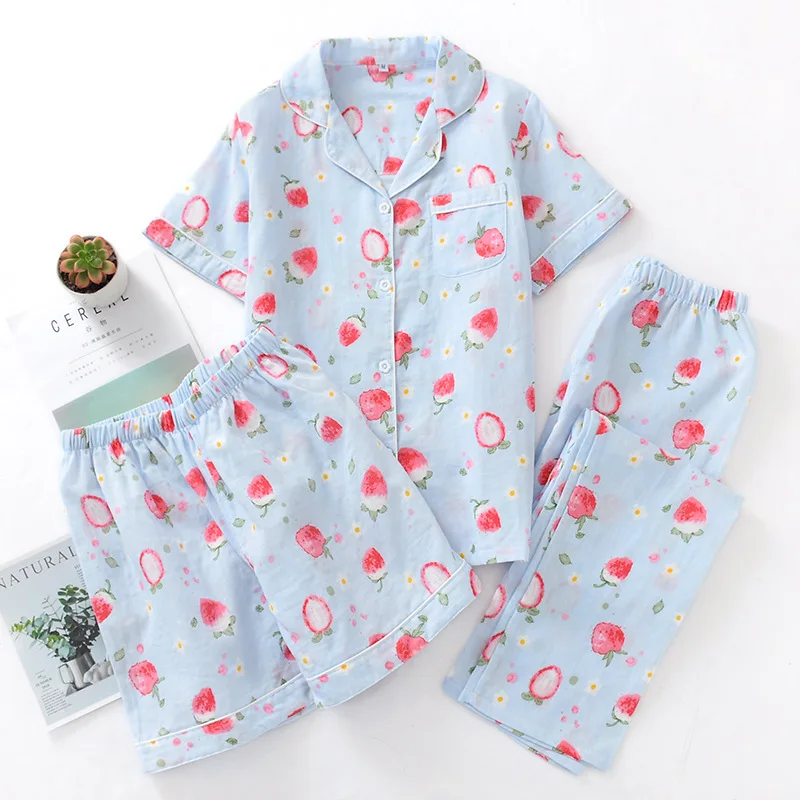 3 pcs-10 Комплект из 3 предметов, свежая женская летняя Пижама с коротким рукавом, Марлевое хлопковое ночное белье, женские корейские пижамы, шорты, домашние штаны, новинка, распродажа - Цвет: 3 pcs-10