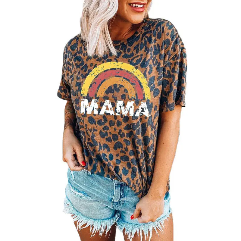 

Woman Tshirts Rainbow Leopard Mama Graphic Tees Summer 2021 Letter Aesthetic Plus Fashion Tshirt Vintage Streetwear Gray