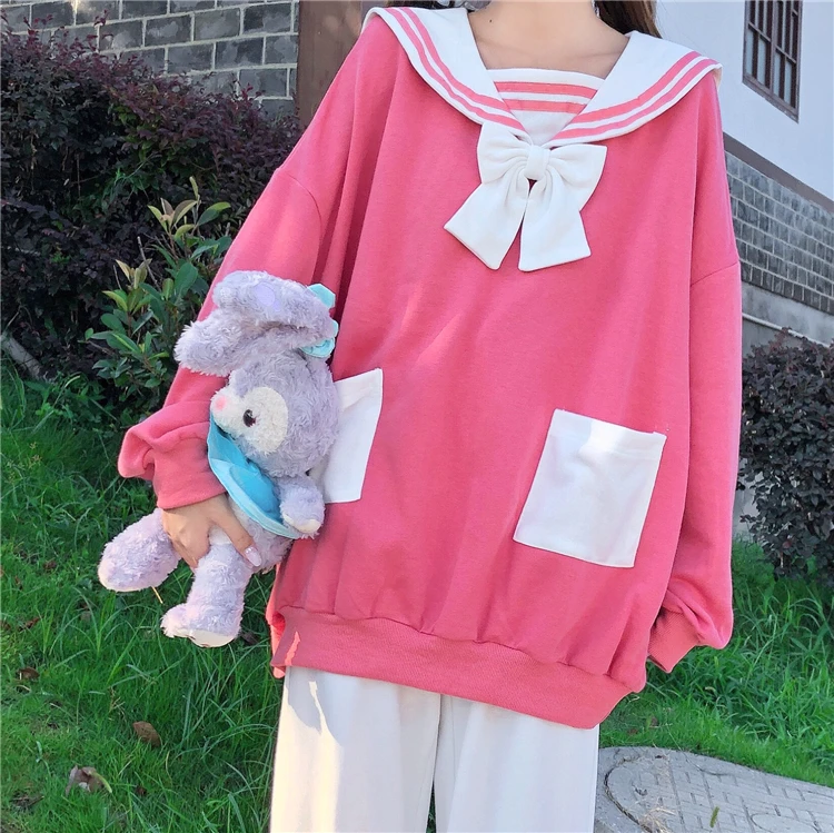 

Japanese Sweet College Style Rabbit Ears Sweatshirts Soft Girl Autumn Full Sleeve Pullover Kawaii Sailor Collar Bow Sweatshirts