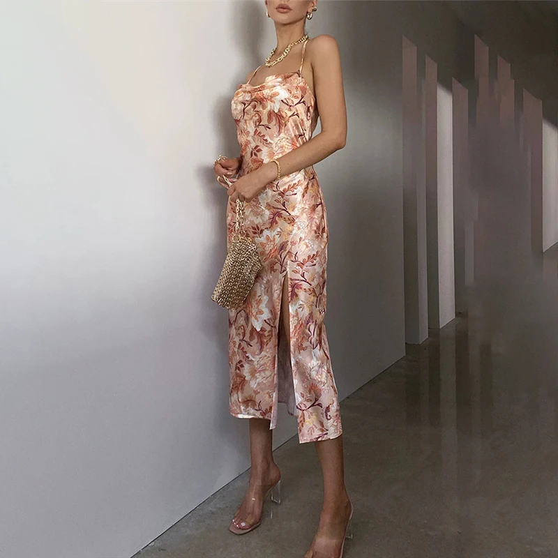 

2021 Spring Summer New Fashion Sling Print Sexy Backless Sleeveless Mid Dress Casual Split Slim Streetwear Dress Elegant Vestido