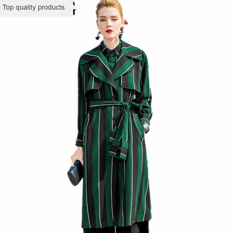 

European and American Women's Windbreaker With Belt Long Trench Coat Female Striped Spring Autumn Coats for Women abrigo YQ265
