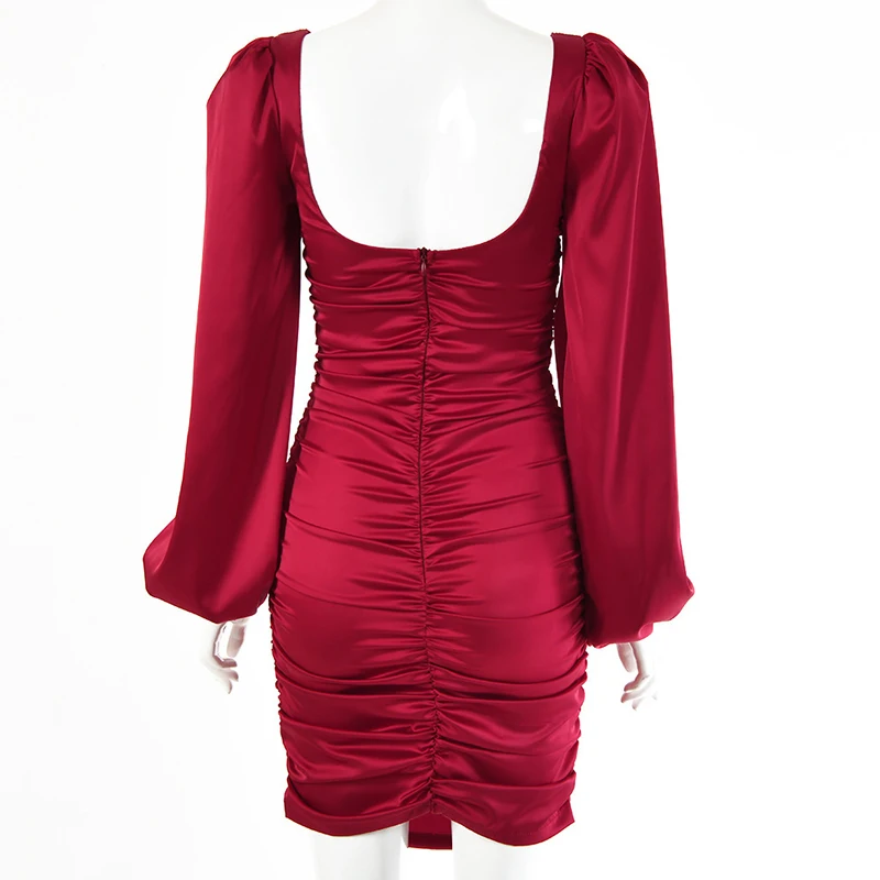 

Elegant Satin Long Sleeve Mini Dress 2021 Fashion Square Ruched Dresses For Women Party Spring Autumn Slim Lantern Sleeve Dress