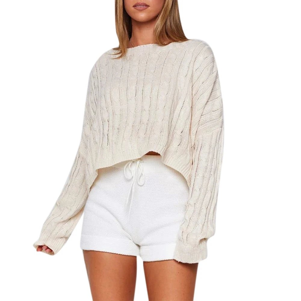 Женский трикотажный комплект из двух предметов однотонный пуловер с круглым