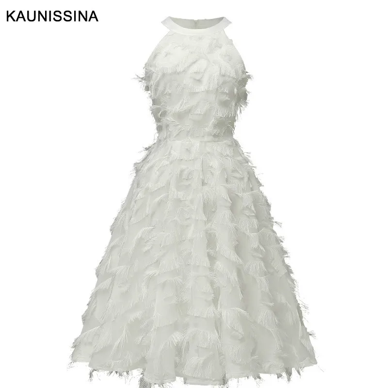 Белый KAUNISSINA robe de изящные вечерние платья с бретелькой на шее без рукавов розовые красные трапециевидные короткие платья - Цвет: Белый