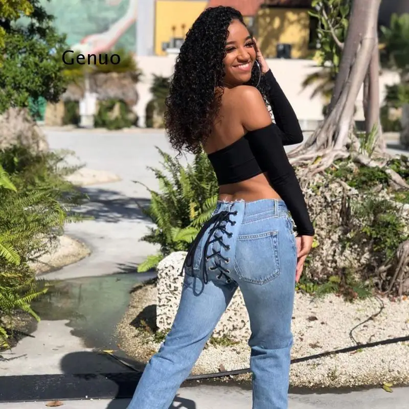 Женские прямые джинсы с заниженной талией синие винтажные повседневные