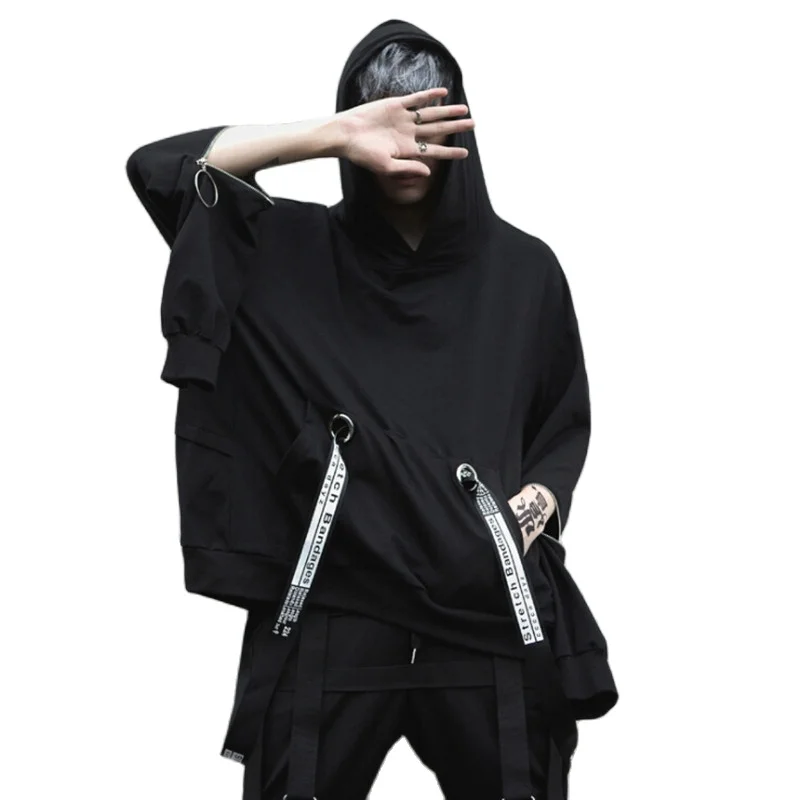 Толстовка мужская оверсайз в стиле хип-хоп свитшот на молнии с лентами накидкой