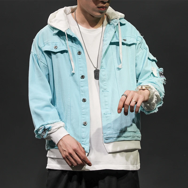 Джинсовая куртка мужская с капюшоном рваная джинсовая имитацией двух предметов