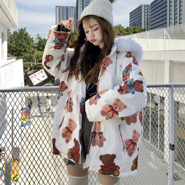 Зимний Корейский студенческий рисунок с милым медведем большой меховой воротник