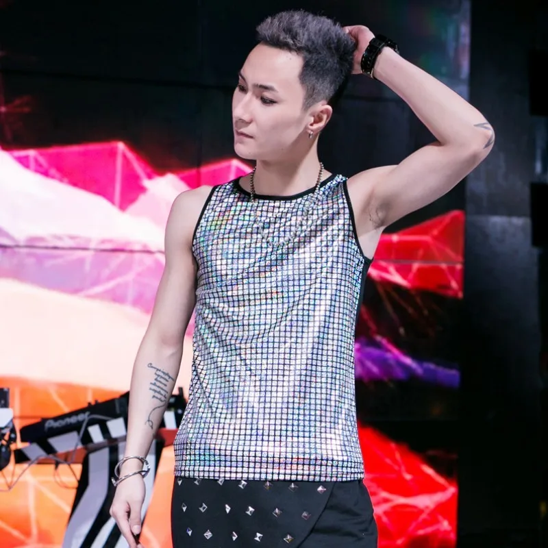 Новинка лета 2020 Мужская майка модный топ в клетку с блестками мужские топы для