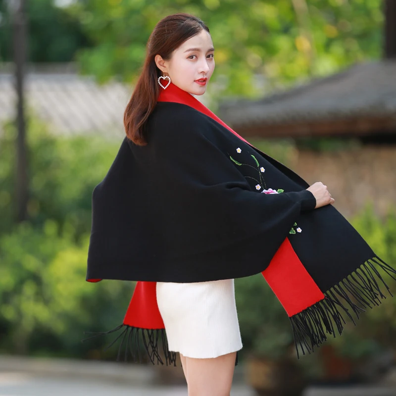 

Winter Women Sweater Shawl Long Wrap Thick Soft Warm Double-face Poncho Solid Embroider Flower Women's Scarf Cape with Sleeves
