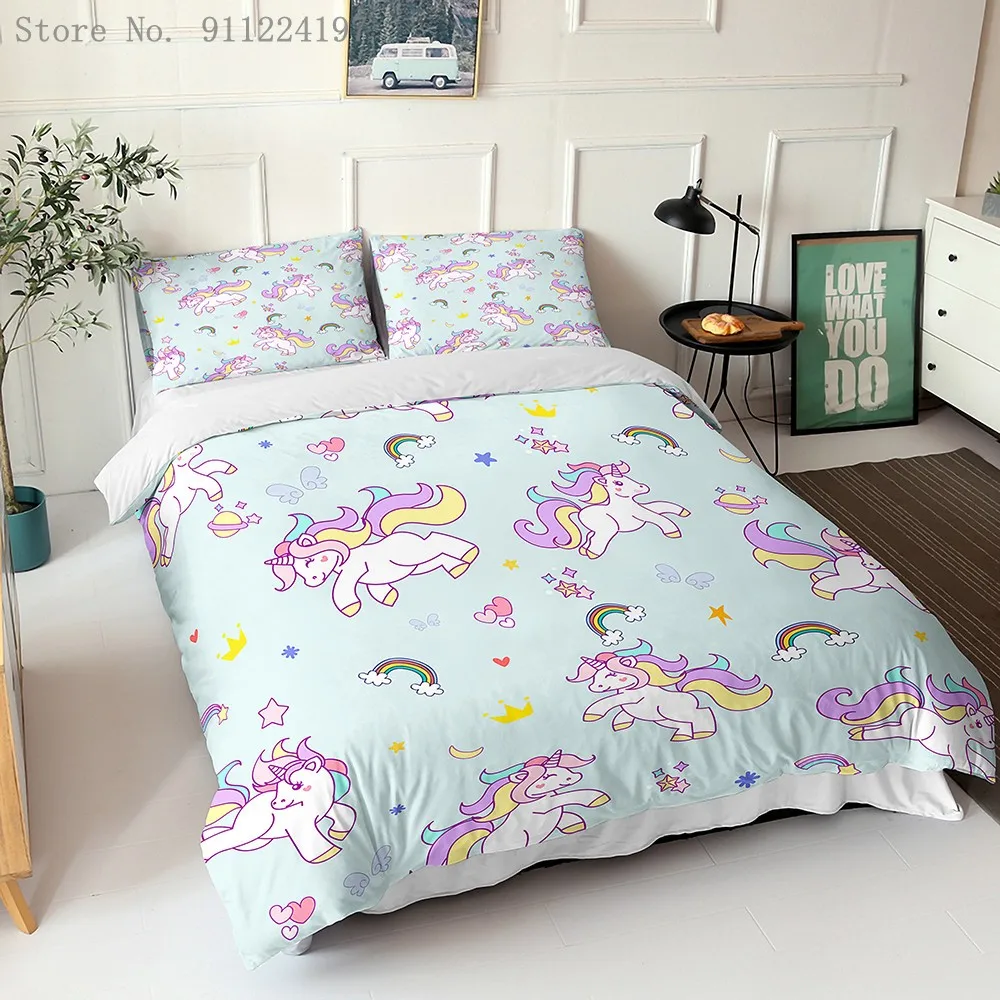 Cartoon Rainbow Unicorn Duvet Cover Single Double Bed Linen Twin Full Queen King Size Bedding Set Kids Adult Quilt | Дом и сад
