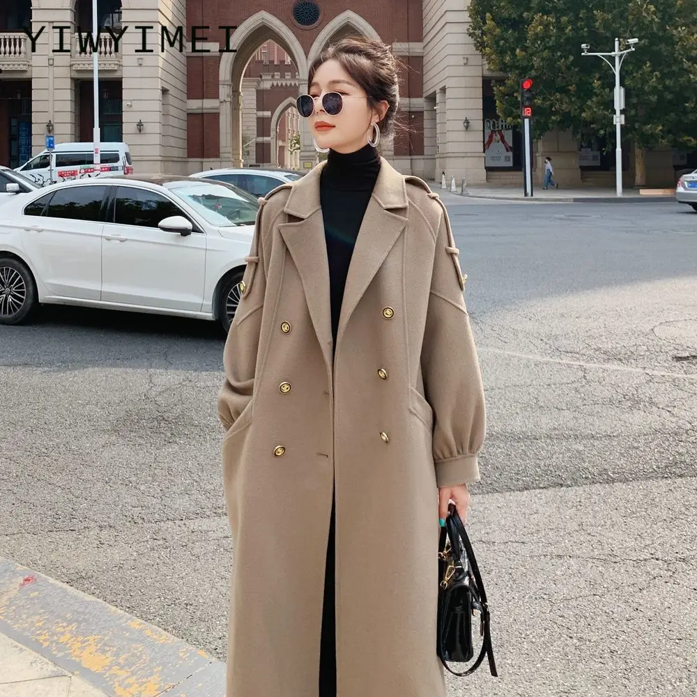 

Elegant Solid Long Wool Coat Women Batwing Long Sleeve Loose Drop Shoulder Pocket Coat Double breasted Chic Stylish Jacket