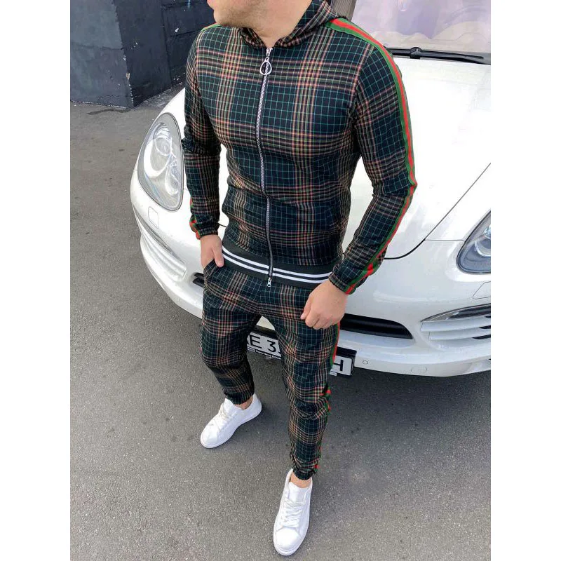 Men Fitness Suit Lattice Striped Letters Zipper With Hood Sports 2-piece Outdoor Sportswear Running | Спорт и развлечения