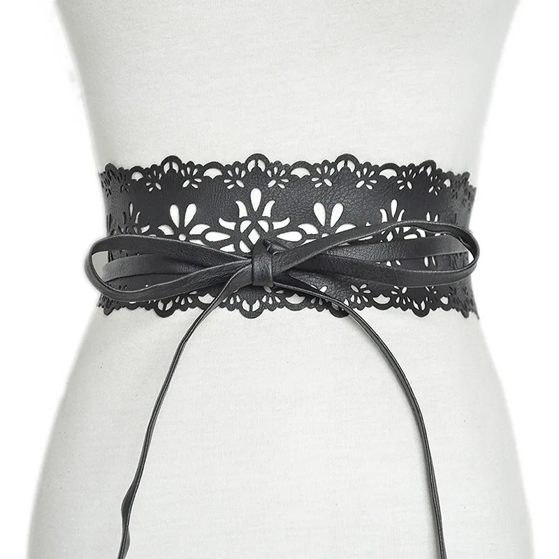 

Women Pu Leather Belt Bowknot Wide Waist Belt For Dress Coat Decorative Girdle Cummerbunds Lady Hollow Out Waistbands Solid