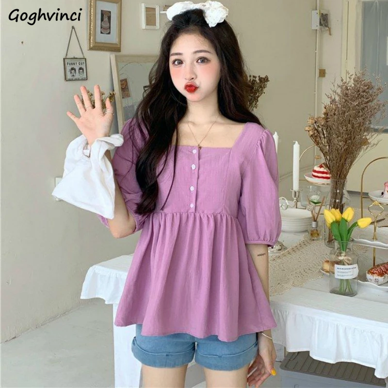 

Shirts Women Blouses Summer Solid Square Collar Puff Sleeve Loose Casual Womens Female Kawaii Korean Tops Harajuku Pleats Tide