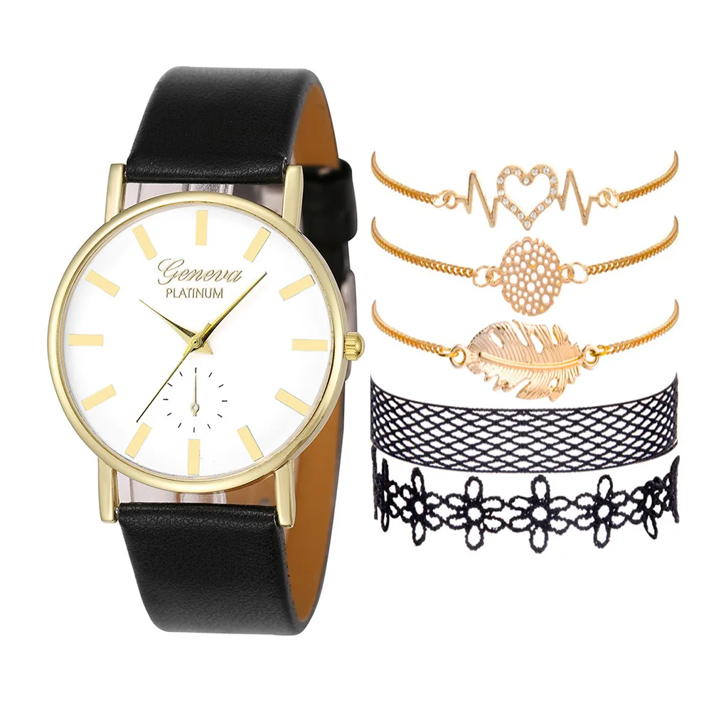 

Fashion Creative Minimalist Leather Belt Quartz Watch + Bracelet Set (6 Pieces) Men Watches 2021 Luxury