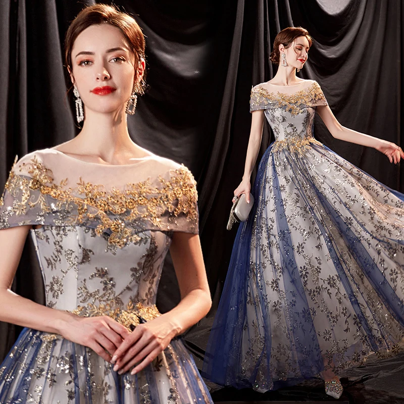 

Blue Beaded Sequins Mesh Plus Size Bridesmaid Wedding Long Dress Dinner Annual Party Evening Dresses for Women