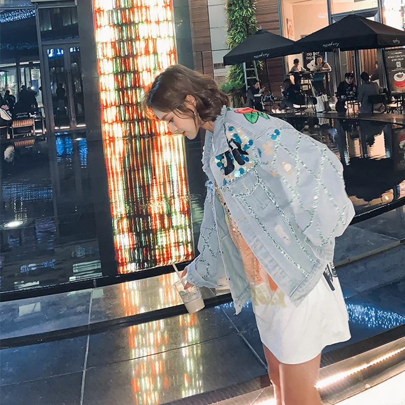 Женская джинсовая куртка Короткая свободная с блестками весна-осень 2021 | одежда